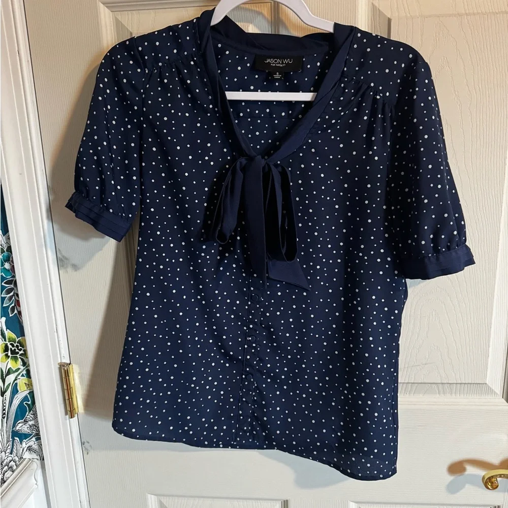 Jason Wu Navy Blue Polka Dot tie-neck blouse small - Picture 2 of 6